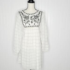 Black & white floral embroidered windowpane dress